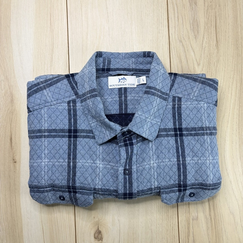 Southern Tide Men's Quilted Overshirt Ellison Steel Heather Mountain Blue Large